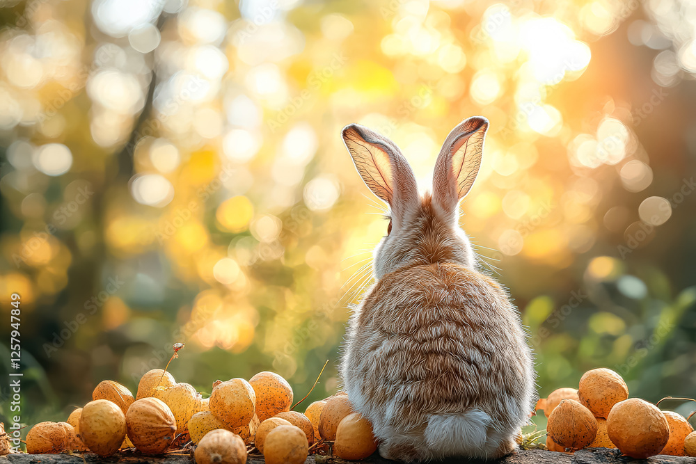 Poster rabbit is sitting on a pile of oranges. the rabbit is looking at the camera. the oranges are scatter