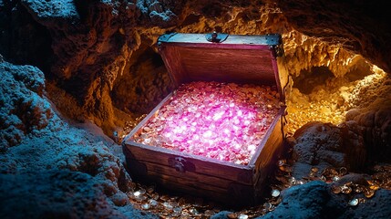 Glowing gems fill treasure chest in cave.  Fantasy adventure backdrop