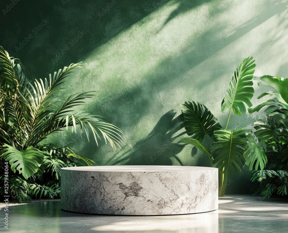 Poster 3d rendering of a green background with tropical plants and a stone podium for a product display pre