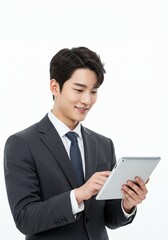 Photo of asian man business manager good and positive mood holding digital e-book tablet reading company report formal wear shirt blazer luxury suit white color background