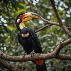 A majestic hornbill with a large beak resting on a thick branch.