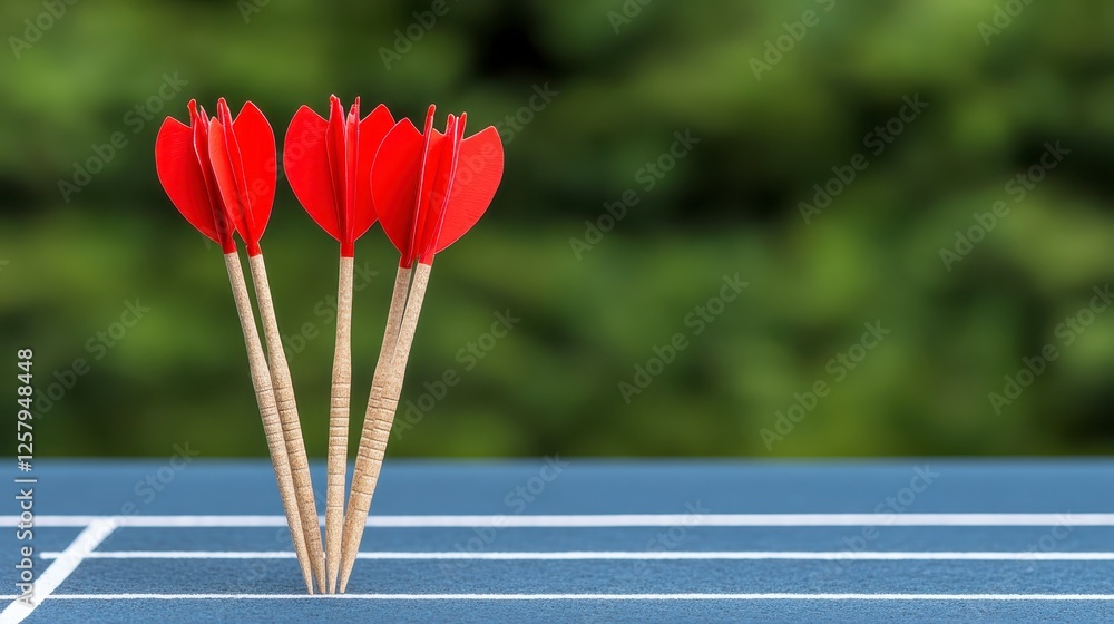 Poster close up view of three red dart tips aligned vertically on a blue surface with a blurred out green b