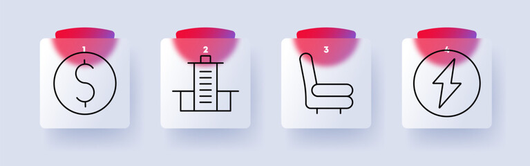 Finance and infrastructure set icon. Currency, bank building, armchair, electricity, economy, energy, banking, investment