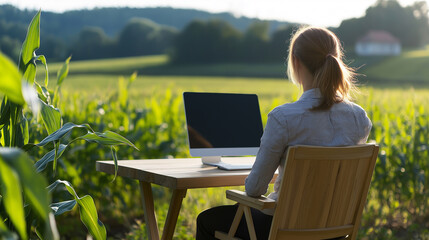 A businesswoman working on a laptop in the middle of a green cornfield, symbolizing remote work and agribusiness.