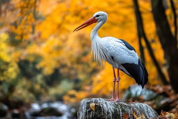 Fototapeta premium White and black bird stands on a rock in a forest. The bird is a stork, and it is looking to the left. The scene is serene and peaceful, with the bird being the main focus of the image