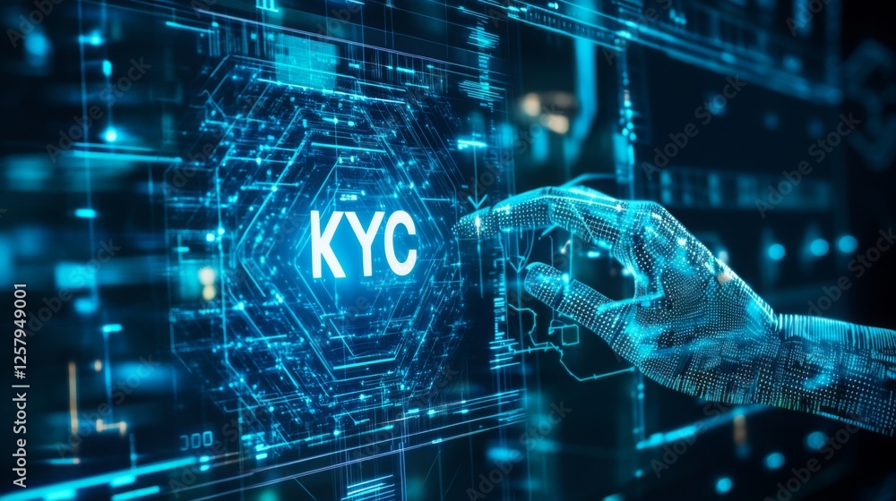 Leinwandbilder A digital hand interacts with a glowing KYC (Know Your Customer) interface, symbolizing advanced technology and data verification in finance.