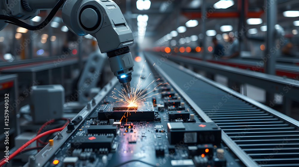 Poster automated precision: robotic arm performing intricate welding on a circuit board on a factory assemb