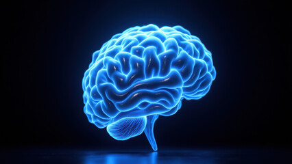 A glowing, 3D rendering of a human brain on a dark background.