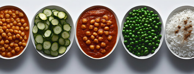 Naklejka premium Chickpea curry, cucumber, peas, rice. Indian food meal