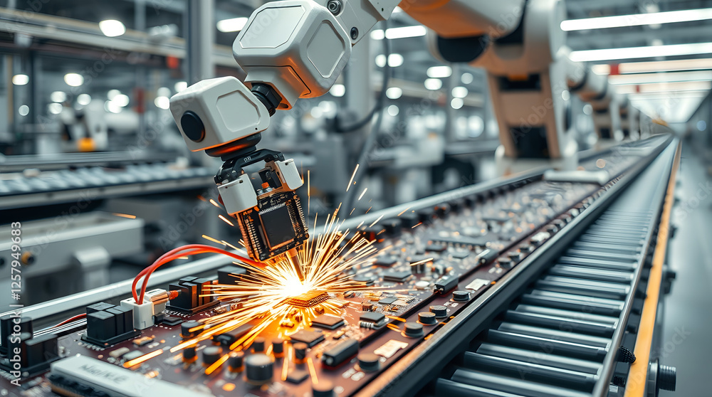 Poster automated precision: a robotic arm with intricate precision, welds a circuit board with sparks flyin