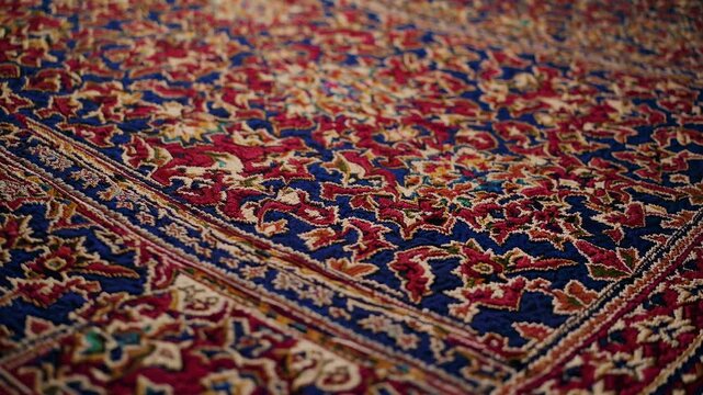 Close-up video of a traditional Persian rug, showcasing intricate patterns and vibrant colors from a low-angle perspective, highlighting texture.