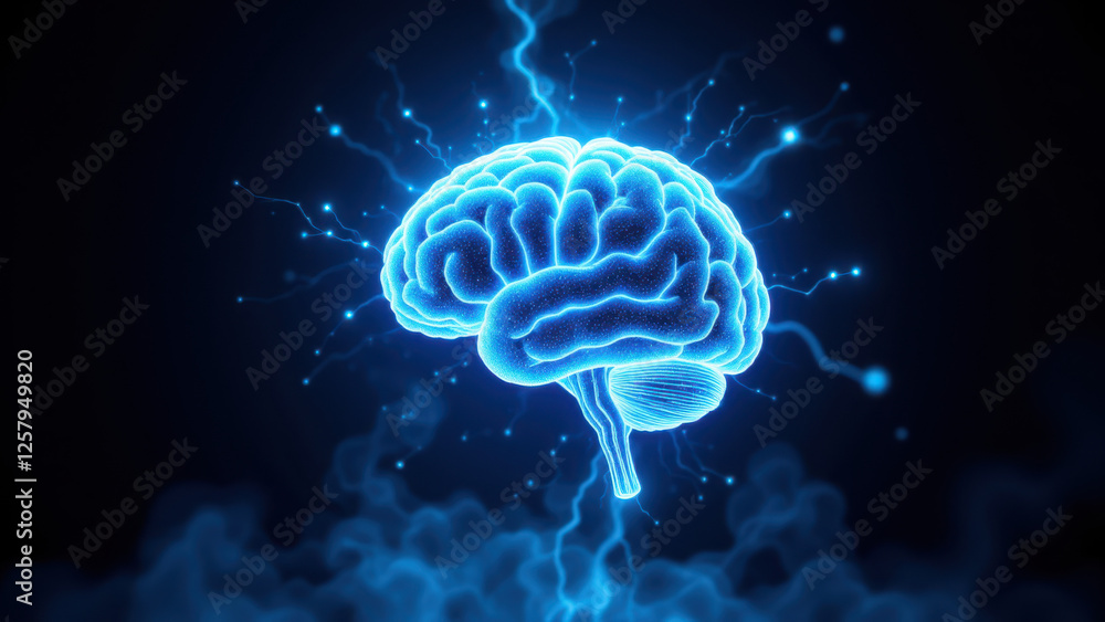 Aufkleber brain icon with blue lightning and vapor effects, symbolizing artificial intelligence or advanced th