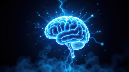 Brain icon with blue lightning and vapor effects, symbolizing artificial intelligence or advanced thought processes.