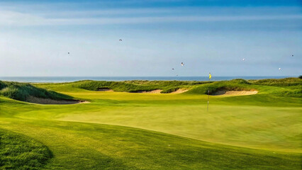 Obraz premium golf course on the beach, Beautiful golf course,A beautifully maintained golf course featuring a flag on the green, surrounded by sand bunkers and grassy dunes, with the serene ocean horizon in the di