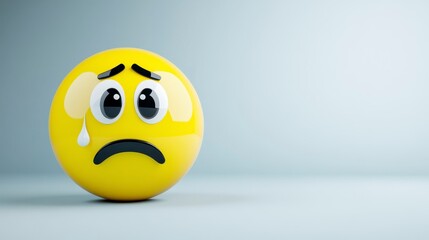 3d model of a sad yellow emoticon with pixelated design, a teardrop, and worried expression, on a light gray background, studio shot