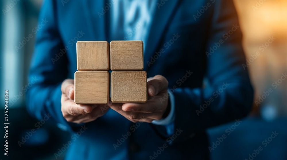 Aufkleber a businessman holds four wooden blocks, symbolizing strategy and problem-solving in a professional s