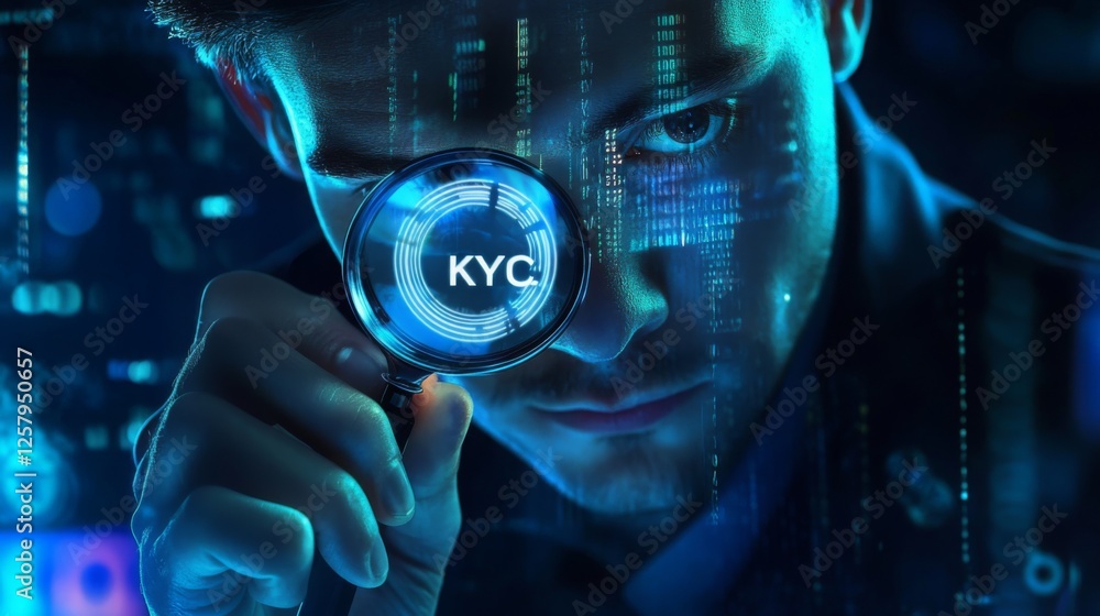 Aufkleber a focused individual examines digital data through a magnifying glass, emphasizing kyc (know your cu