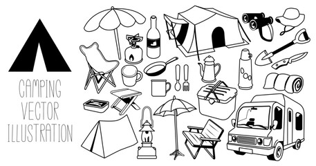 キャンプグッズ　ベクター素材　モノクロライン