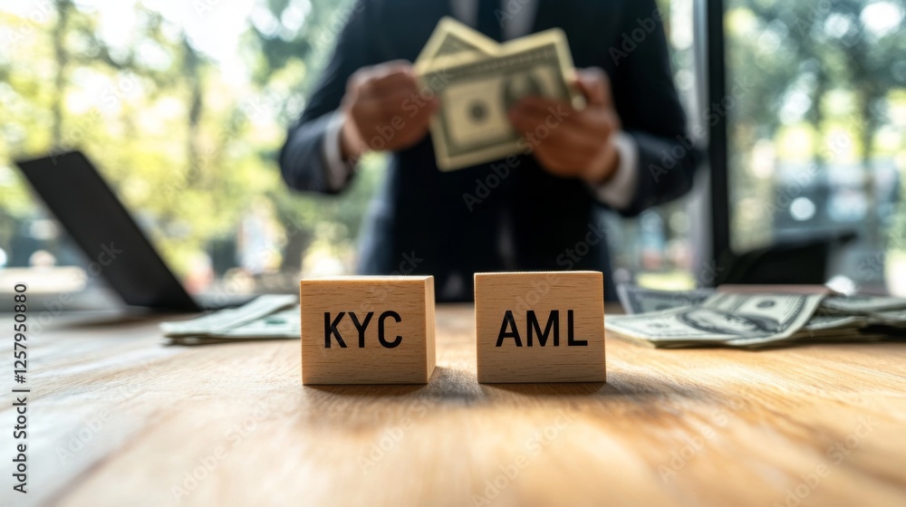 Poster a person in a suit handles money while kyc and aml blocks are prominently displayed on a wooden tabl