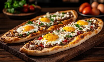 Delicious Turkish pides with various savory toppings on wooden table