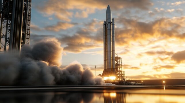 A retro-futuristic atomic rocket standing tall on a launchpad, sleek metallic body reflecting the golden sunset, engineers making final checks,  - Powered by Adobe