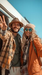 Fototapeta premium Smiling couple by campervan. Outdoor adventure! Happy travelers enjoy vanlife and explore on a sunny day.