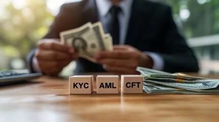 A businessman holds cash while blocks labeled KYC, AML, and CFT sit on a table, reflecting compliance in financial transactions.