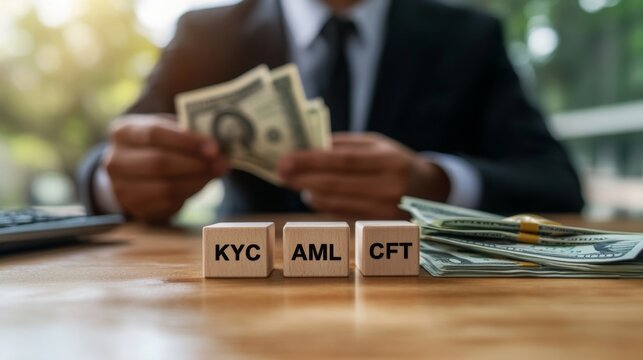A businessman holds cash while blocks labeled KYC, AML, and CFT sit on a table, reflecting compliance in financial transactions.