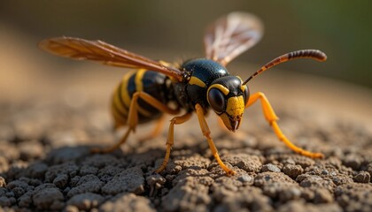 Close-Up of a Wasp on a Wooden Surface