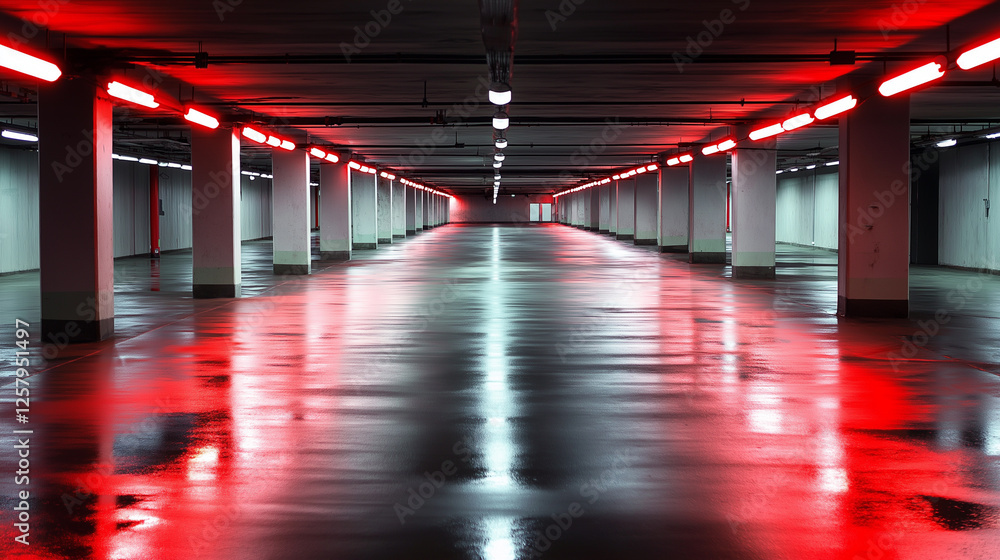 Poster a futuristic underground parking garage with red neon lights and symmetrical columns creating a sci-
