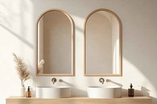 Beige bathroom with double mirrors and sinks