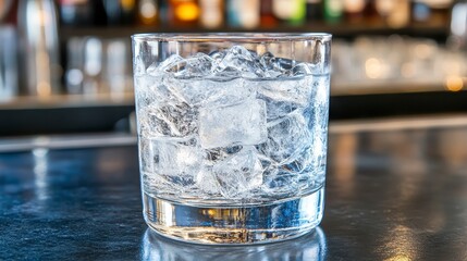 Close up of a glass of sparkling water filled with ice cubes, on a dark gray bar top with a blurred background of a bar area. The glass is clear and