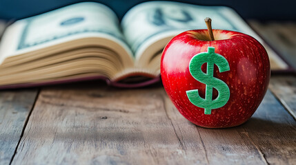 red apple with a green dollar sign on top of it. The apple is placed on a wooden surface with an open book in the background.