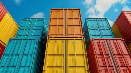 Fototapeta premium Stacked colorful shipping containers against a partly cloudy blue sky, low angle view, geometric shapes, vivid colors, digital illustration, 3d