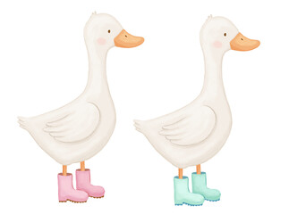 Cute goose in pink and blue boots, funny character, watercolor isolated illustration for kids