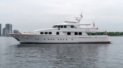 Luxury yacht on calm water, city skyline background