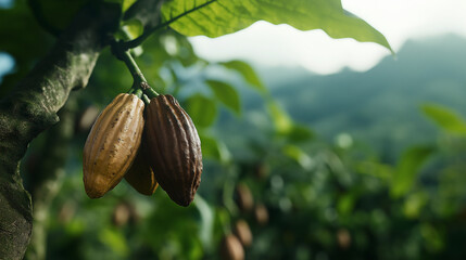 Close-up of cacao pods growing on a tree with a blurred green forest in the background.