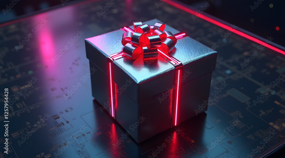 Poster a futuristic metallic gift box with neon reflections sits in a cyberpunk setting, surrounded by deep
