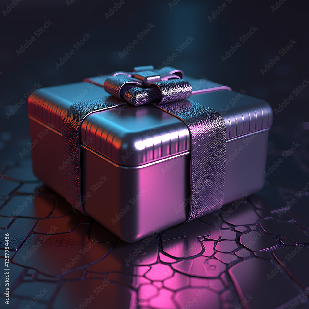 Poster A futuristic metallic gift box with neon reflections in a cyberpunk setting showcasing deep shadows and an open space around it