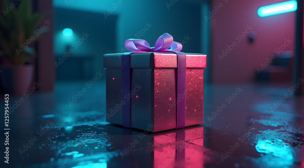 Poster a futuristic metallic gift box with neon reflections sits in a cyberpunk setting, surrounded by deep