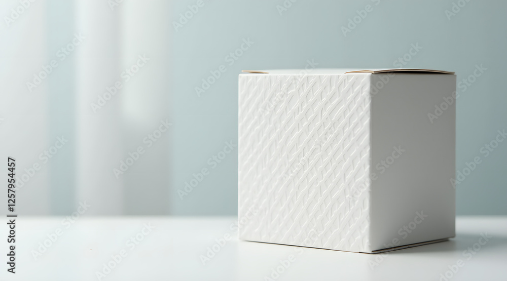 Aufkleber a minimalist white gift box with an embossed pattern is placed against a soft-focus blurred backgrou