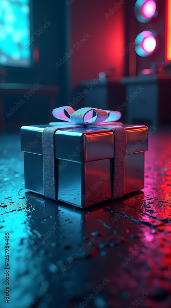 Poster a futuristic metallic gift box with neon reflections is placed in a cyberpunk setting featuring deep
