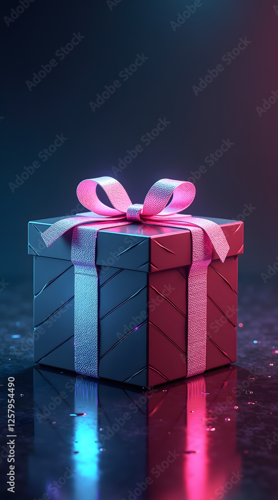 Poster a futuristic metallic gift box with neon reflections is placed in a cyberpunk setting, featuring dee