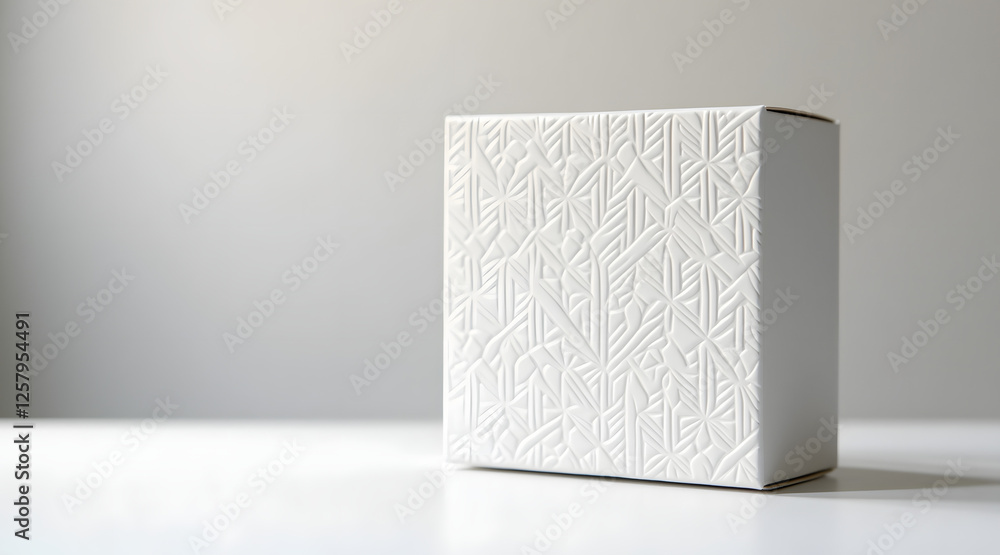 Poster a minimalist white gift box with an embossed pattern is placed on a clean surface, emphasizing the s