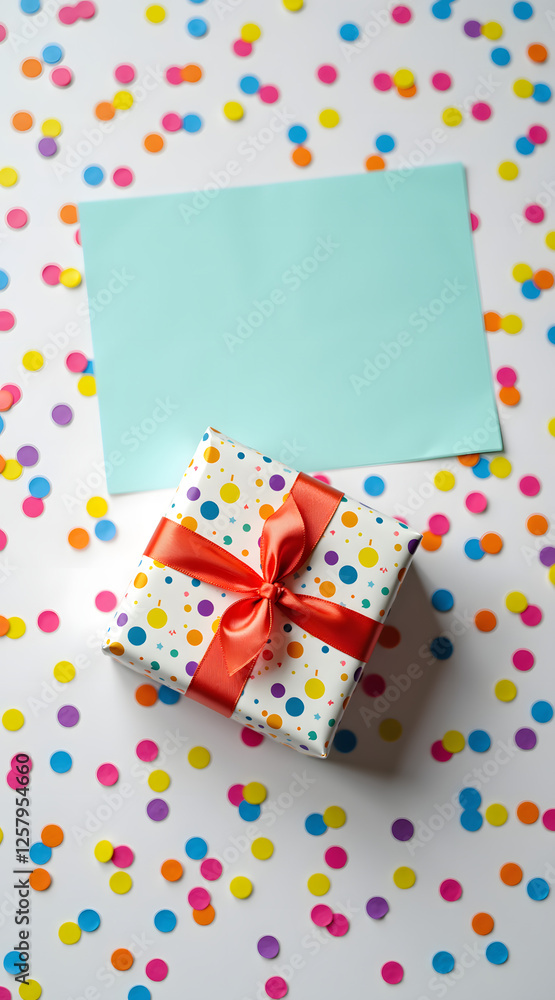 Poster a birthday gift box with colorful wrapping paper and a fun red ribbon is placed on a table filled wi