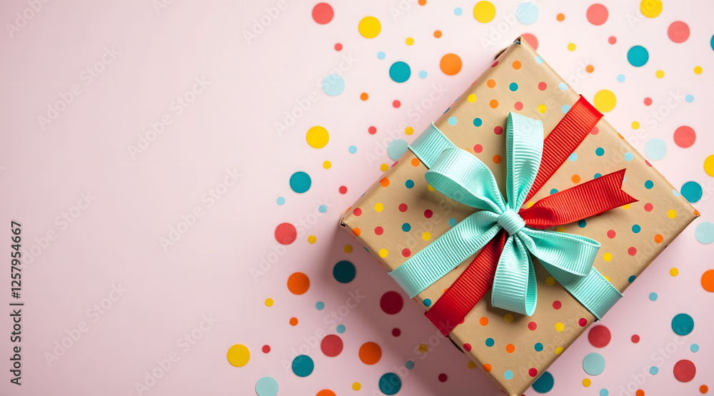 Poster a birthday gift box with colorful wrapping paper and a fun ribbon sits on a confetti-filled table, c