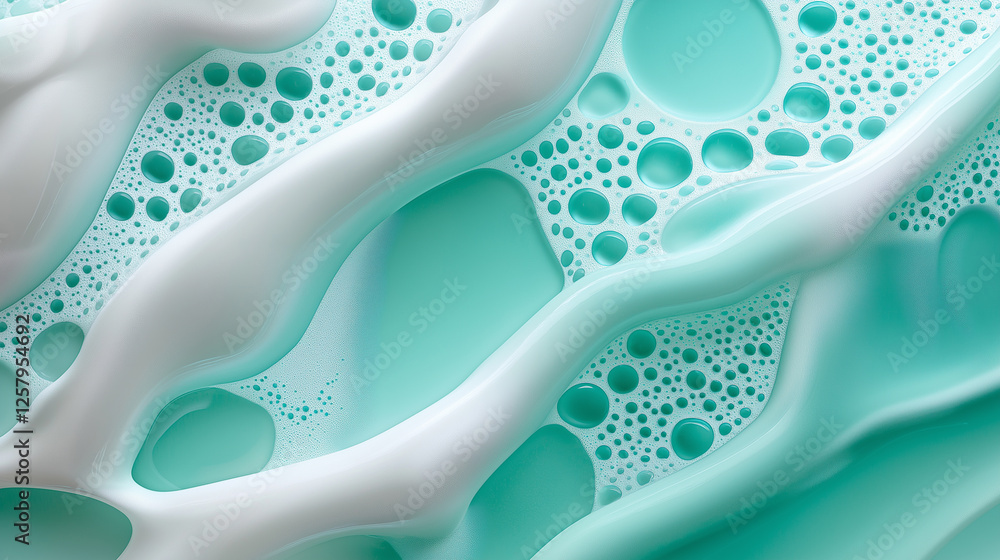 Poster close-up of transparent soap bubbles with foam on a smooth blue surface, emphasizing cleanliness and