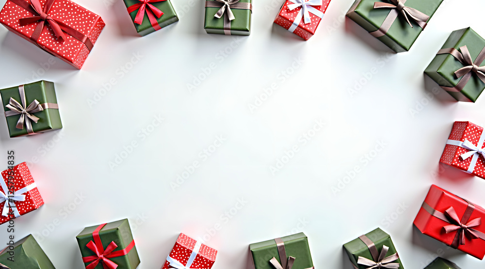 Poster a top-down shot of multiple small gift boxes in green and red arranged in a geometric pattern, creat