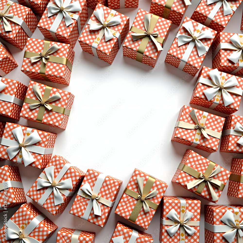 Poster a top-down shot of multiple small gift boxes arranged in a geometric pattern, creating a centered em