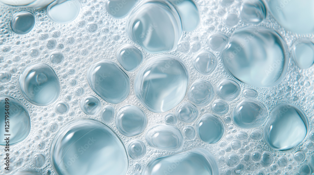 Aufkleber close-up of transparent soap bubbles with foam on a smooth blue surface, emphasizing cleanliness and